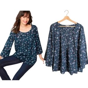J. Jill Floral Pintuck Peasant Blouse Teal Green size Large Cottagecore